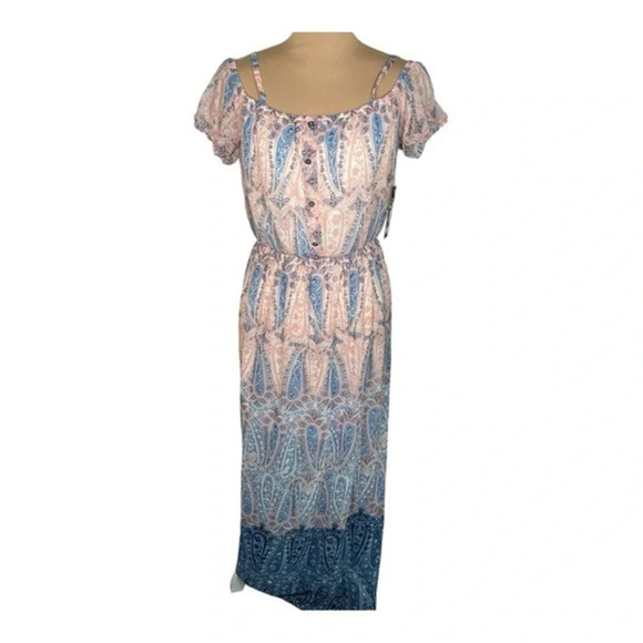 🌸 AS U WISH Maxi Dress Pink Blue Paisley Floral Boho‎ Peasant Fairy Cottagecore - Picture 1 of 8